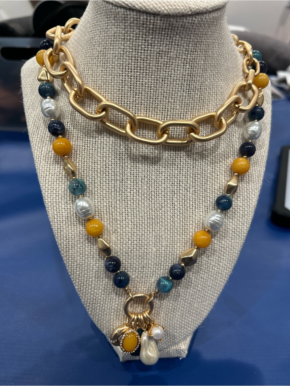 White House Black Market Gold-Tone Chain Necklace with Yellow, Blue, White Beads